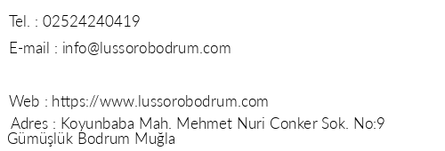 Lussoro Bodrum Hotel telefon numaralar, faks, e-mail, posta adresi ve iletiim bilgileri